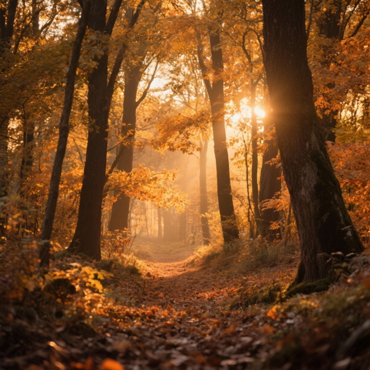 Cozy autumn forest with golden leaves, warm amber light, rustic brown and orange tones, comfortable and inviting atmosphere