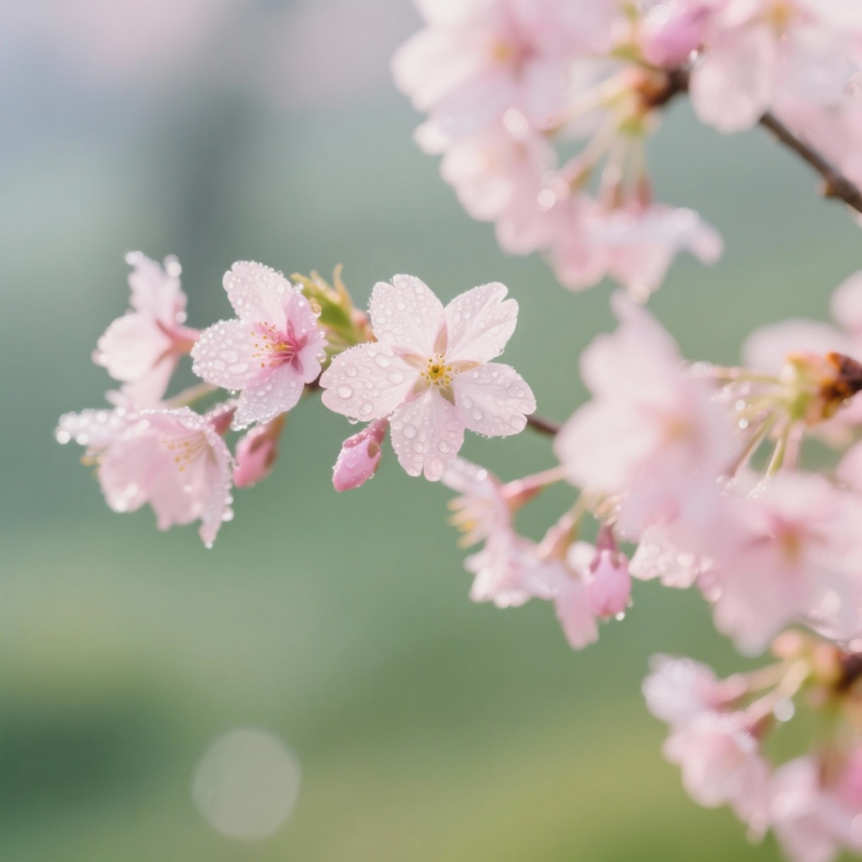 Fresh spring scene with blooming cherry blossoms, morning dew, soft pink and green pastel colors, natural light, clean minimal aesthetic