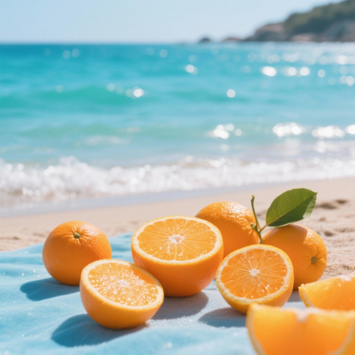 Bright summer beach scene with turquoise water, sun rays, citrus fruits, vibrant orange and blue colors, energetic and refreshing mood
