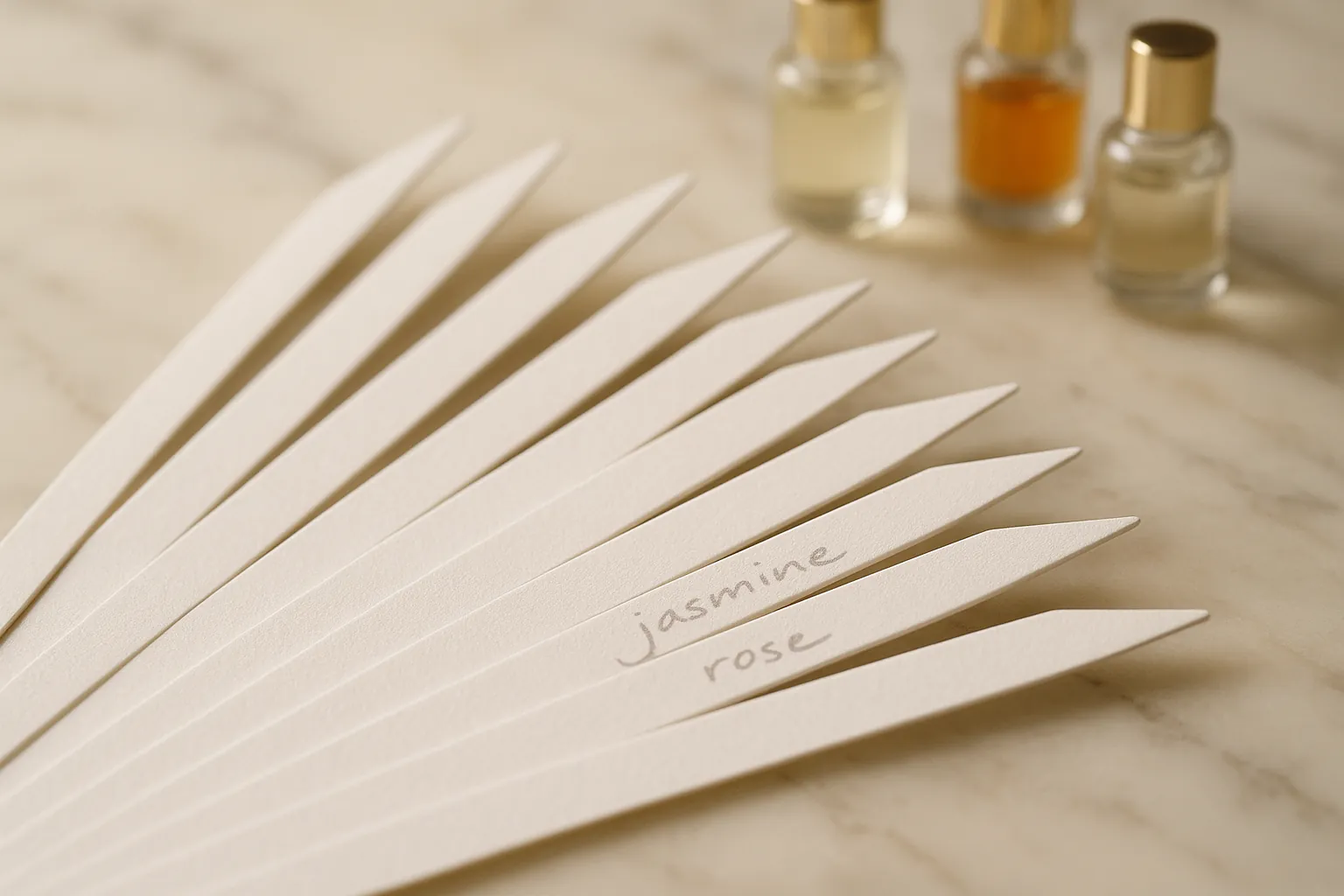 Mouillettes - Parfum-Teststreifen auf einer Marmorfläche