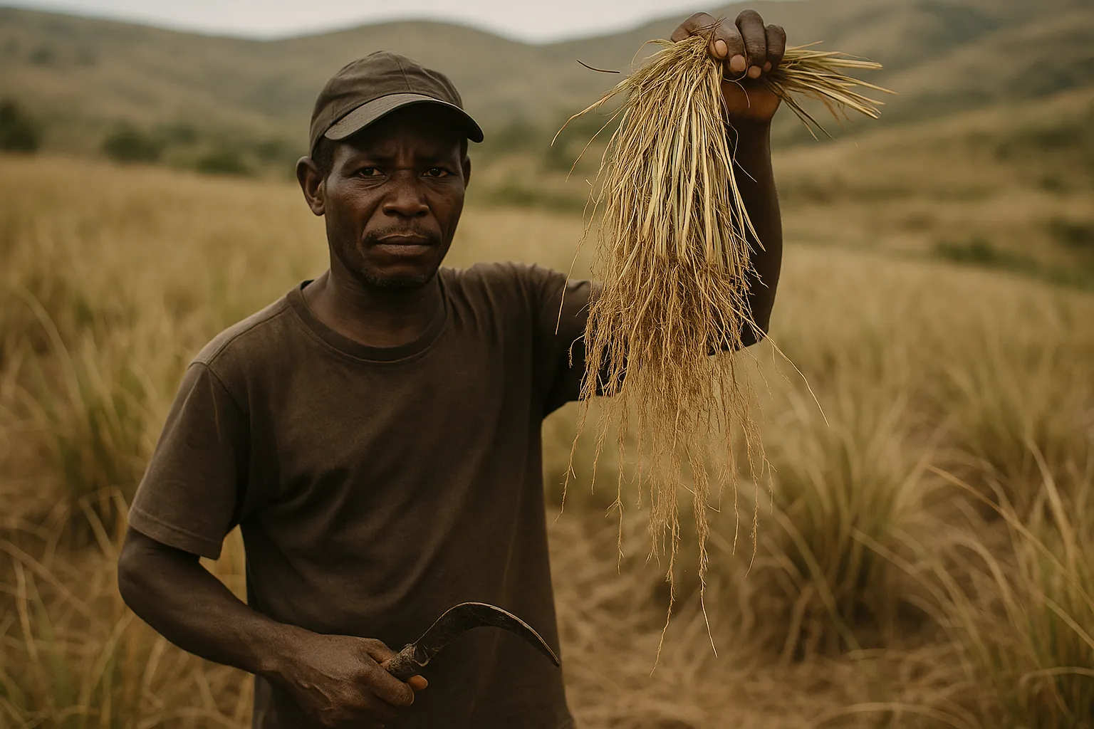 Vetiver-Ernte auf Haiti: Ein Bauer hält frisch ausgegrabene Vetiver-Wurzeln in die Höhe. Die langen, faserigen Wurzeln sind der Rohstoff für eines der wichtigsten Parfümerie-Öle.
